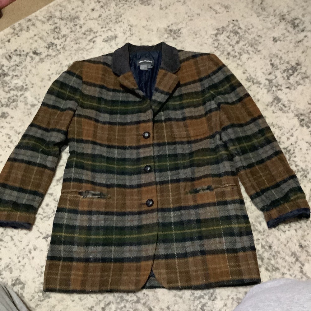 Maurices Womens Plaid 3 Button Front Blazer Jacket Blue Brown Sz M